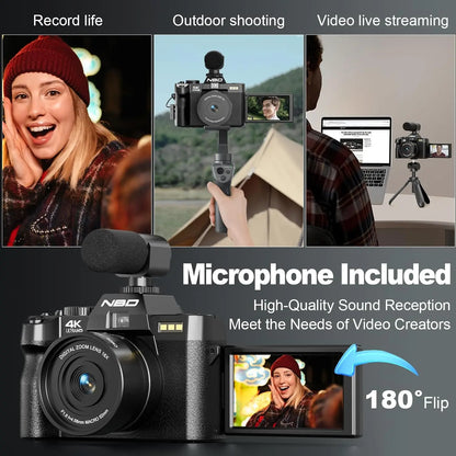 NBD 4K Digital Cameras for Photography,48MP Camera,Travel Vlogging Cameras with 16X Digital Zoom,180°Flip Screen,52mm Macro Lens