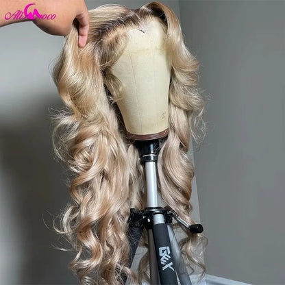 180 Density Brown Roots Ash Blonde Body Wave Lace Frontal Wig 13x6 Ombre Ash Blonde Human Hair Wigs for Women