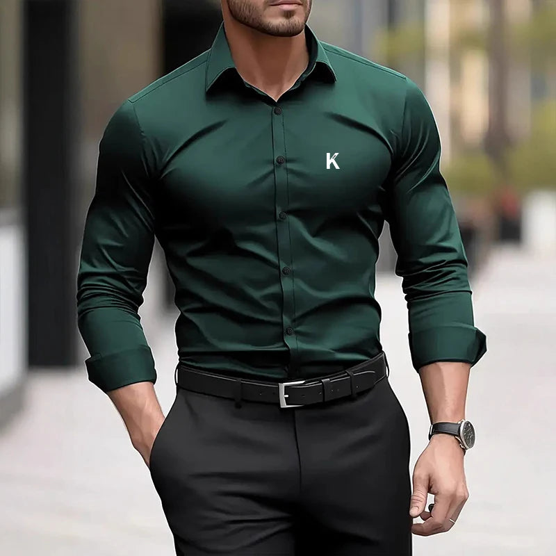 Men's Casual Long Sleeved Solid Color Loose Shirt in Autumn and Winter Slightly Elastic Can Be Worn on the Inside or Outside