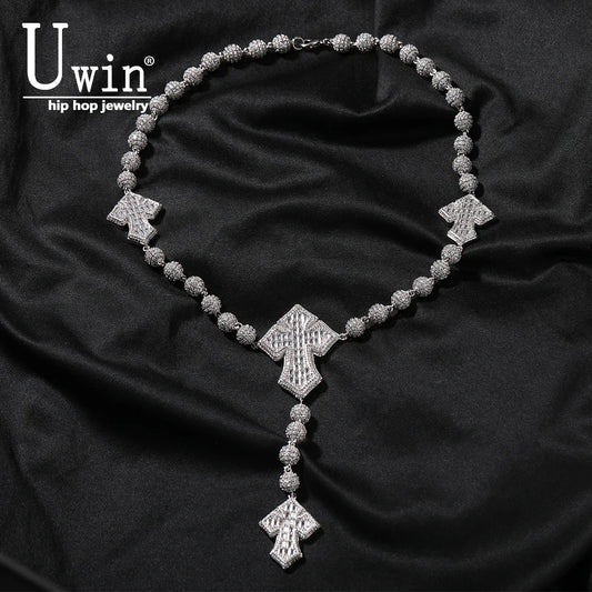Uwin Bead Chain With 4 Corss Full Paved Iced Out Bling New In Cubic Zirconia HipHop Jewelry
