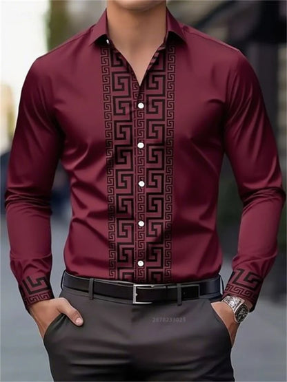 Men's long-sleeved shirt with pattern design, fashionable lapel button-down top, versatile, casual and comfortable men's top