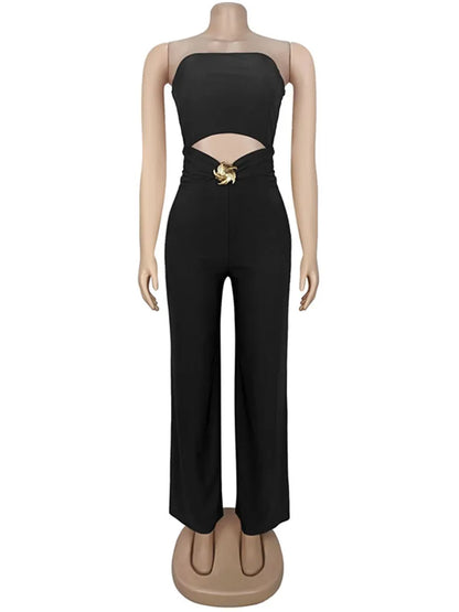 Joskaa 2025 Autumn Sexy Strapless Black Jumpsuit Women Hipster Hollow Ruched Metallic Decoration Skinny Rompers Party Clubwear