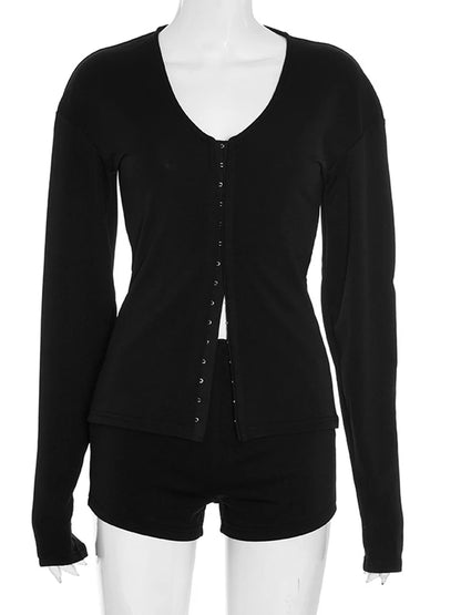 Beyprern Casual Long Sleeve Hidden Button Knitted Top And Shorts Two-Piece Set Womens Black Buckle Co-Ord Set Night Out Overalls