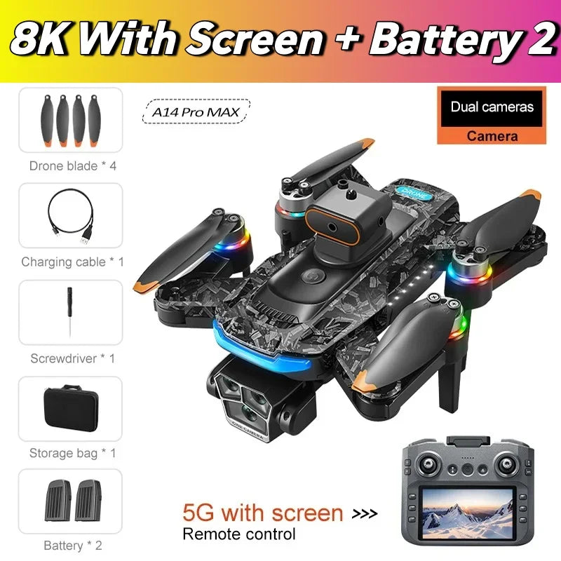 For Genuine A14 Pro Max GPS Brushless 8K Three Camera Obstacle Avoidance Foldable Quadcopter RC with screen Distance Drone Toys