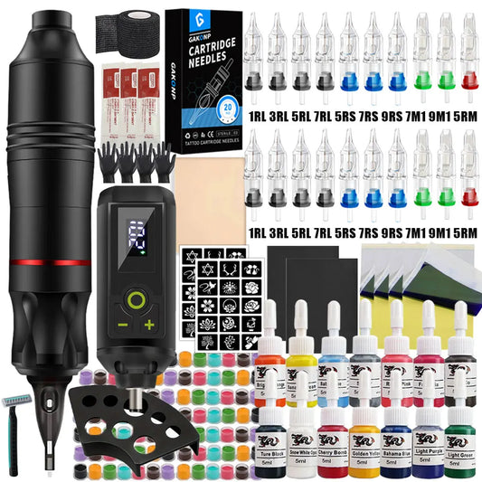 Professional Wireless Tattoo Machine Kit Rotary Tattoo Pen Kit with Wireless Power Supply Inks Needles for Tattoo Beginners Kits