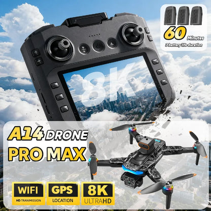 For Genuine A14 Pro Max GPS Brushless 8K Three Camera Obstacle Avoidance Foldable Quadcopter RC with screen Distance Drone Toys