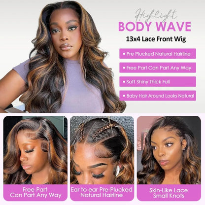 Highlight Ombre Lace Front Wigs Human Hair Body Wave Lace Front Pre Plucked 13x6 1B/30 Brown Highlight Wig 220 Density For Women