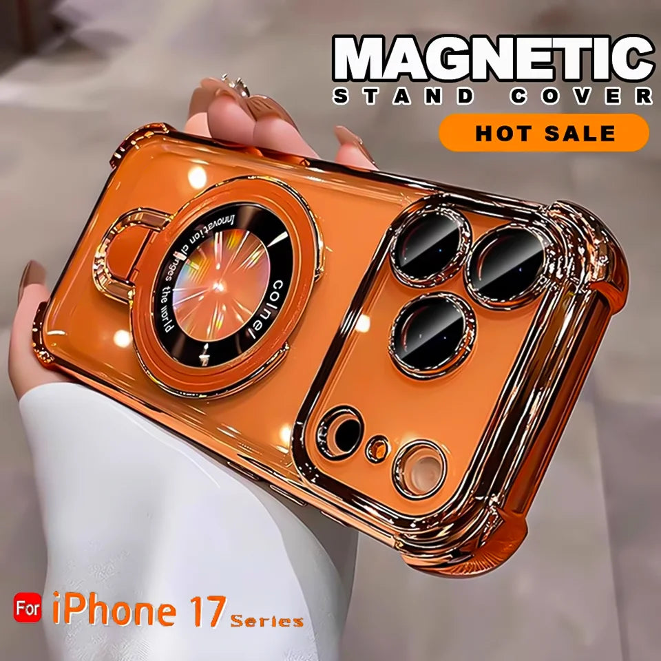 For Magsafe Wireless Charging Case For iPhone 17 Pro Max Air 14 15 Plus 13 12 16 Pro Transparent Plating Ring Holder Phone Cover