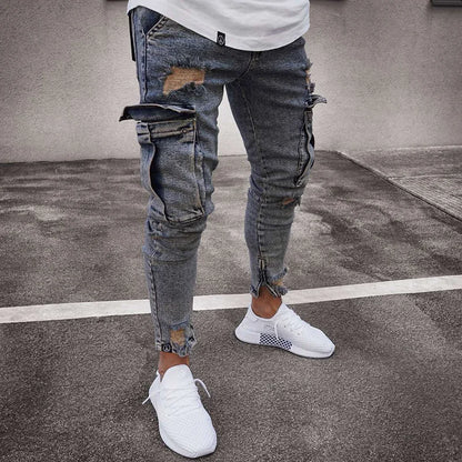 New Jeans Men Pants Wash Solid Color Multi Pockets Denim Mid Waist Cargo Jeans Plus Size Fahsion Casual Trousers Male Daily Wear
