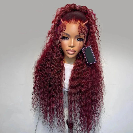 34 Inch Burgundy 13x4 Hd Lace Frontal Human Hair Wig Deep Wave Curly Wigs For Women Water Wave Colored 99j Red Lace Front Wig