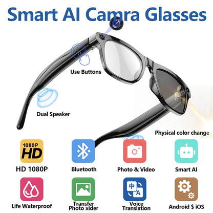 2026 4K HD Color Changing AI Smart Glasses Chat GPT 100MP Camera Bluetooth Call Voice Assistant  Control Smart Glasses 2026 New