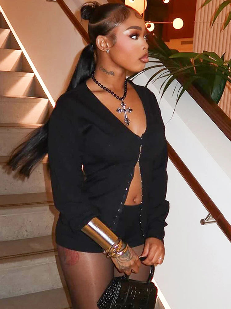 Beyprern Casual Long Sleeve Hidden Button Knitted Top And Shorts Two-Piece Set Womens Black Buckle Co-Ord Set Night Out Overalls