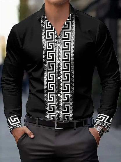 Men's long-sleeved shirt with pattern design, fashionable lapel button-down top, versatile, casual and comfortable men's top