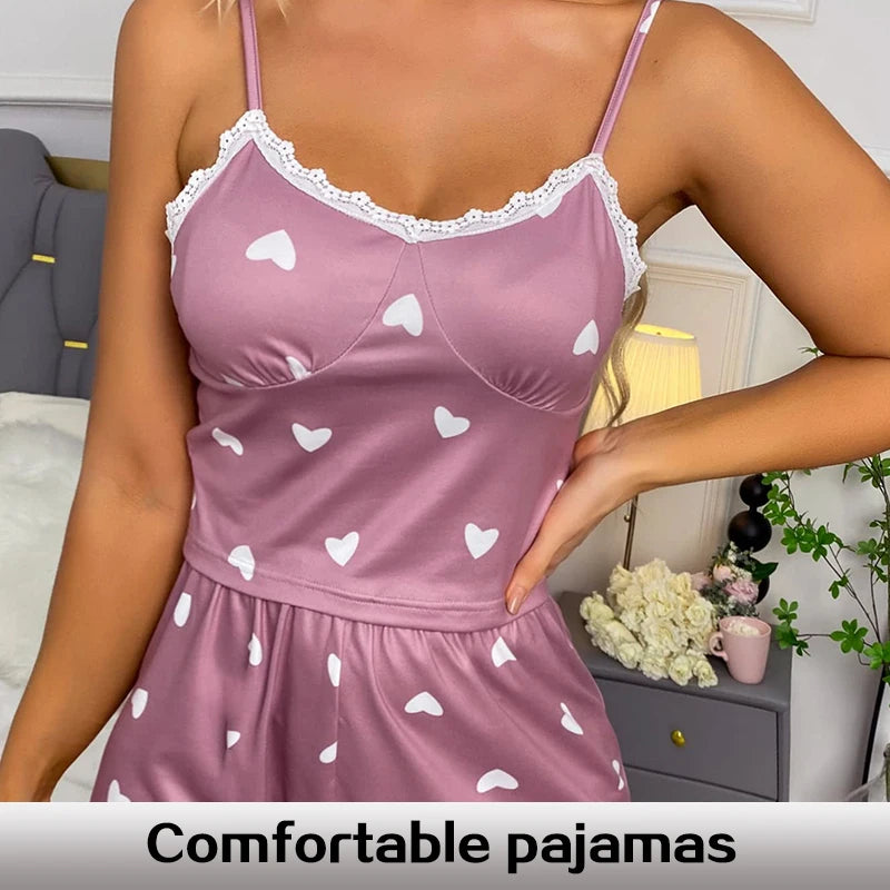 Women's Two-Piece V-Neck Suspender Lace Lace Printed Top and Shorts Women's Casual Printed Pajama Set