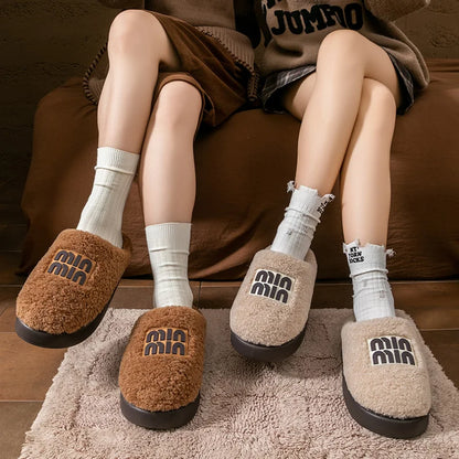 New plush cotton slippers for women, autumn and winter indoor thick sole with plush anti slip slippers, thickened cotton slipper