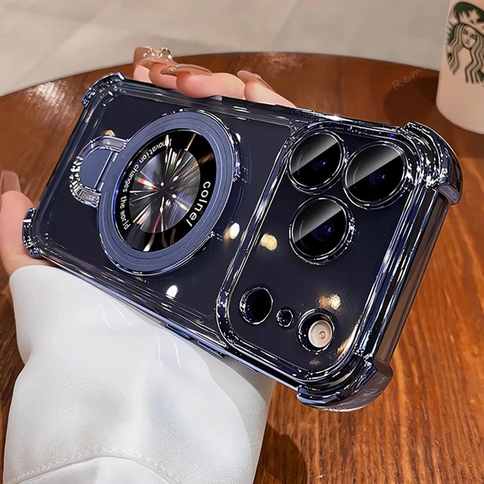 For Magsafe Wireless Charging Case For iPhone 17 Pro Max Air 14 15 Plus 13 12 16 Pro Transparent Plating Ring Holder Phone Cover