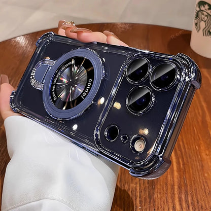 For Magsafe Wireless Charging Case For iPhone 17 Pro Max Air 14 15 Plus 13 12 16 Pro Transparent Plating Ring Holder Phone Cover