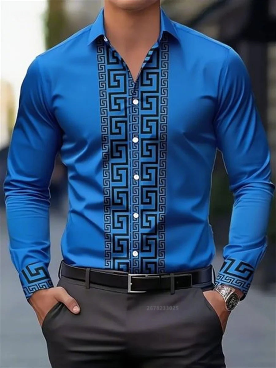 Men's long-sleeved shirt with pattern design, fashionable lapel button-down top, versatile, casual and comfortable men's top