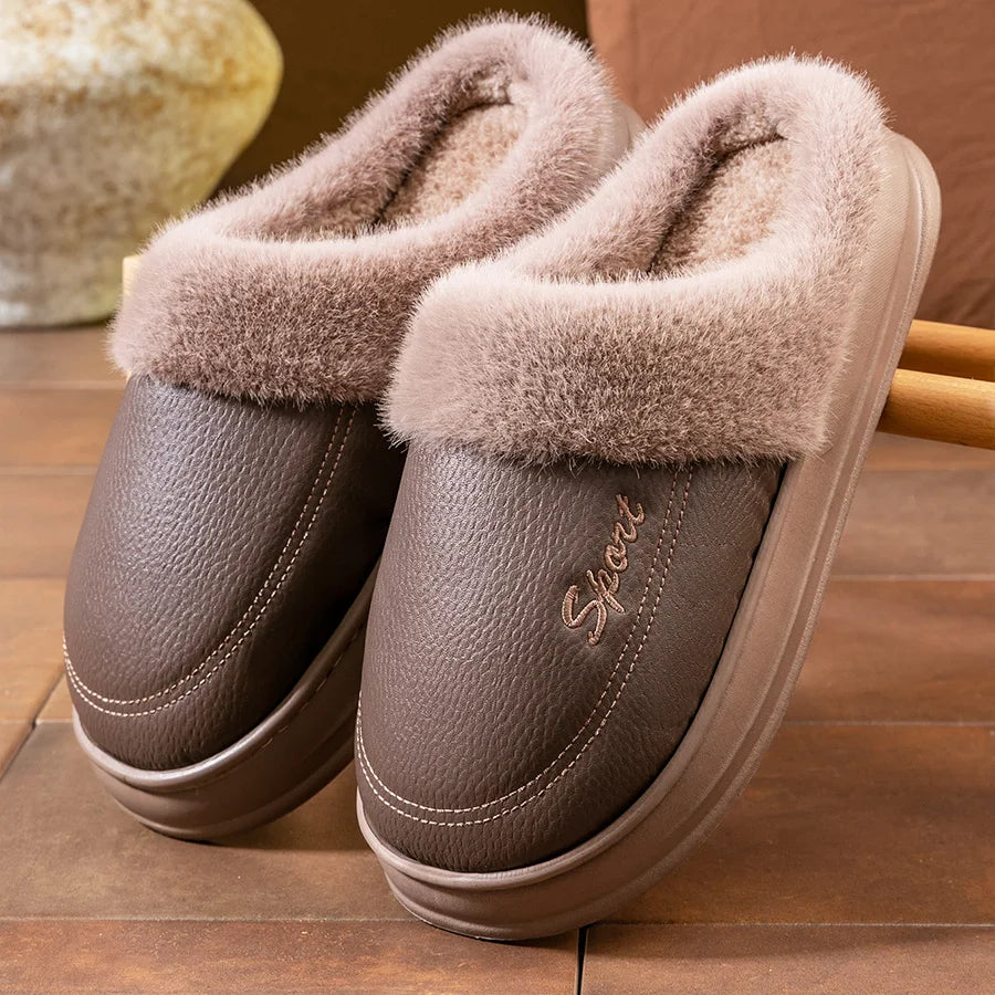 Warm Waterproof PU Slippers Men EVA Memory foam Platform Cushion Soft Comfortable Living Room Shoes High Quality