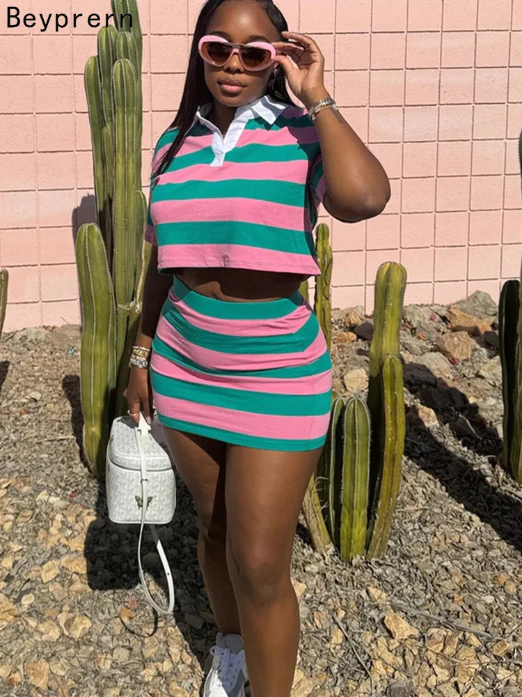 Beyprern Stylish Green Blue Striped Polo Skirt Set Two-Piece Dress For Women Short Sleeve Striped Tracksuits Set Night Clubwear