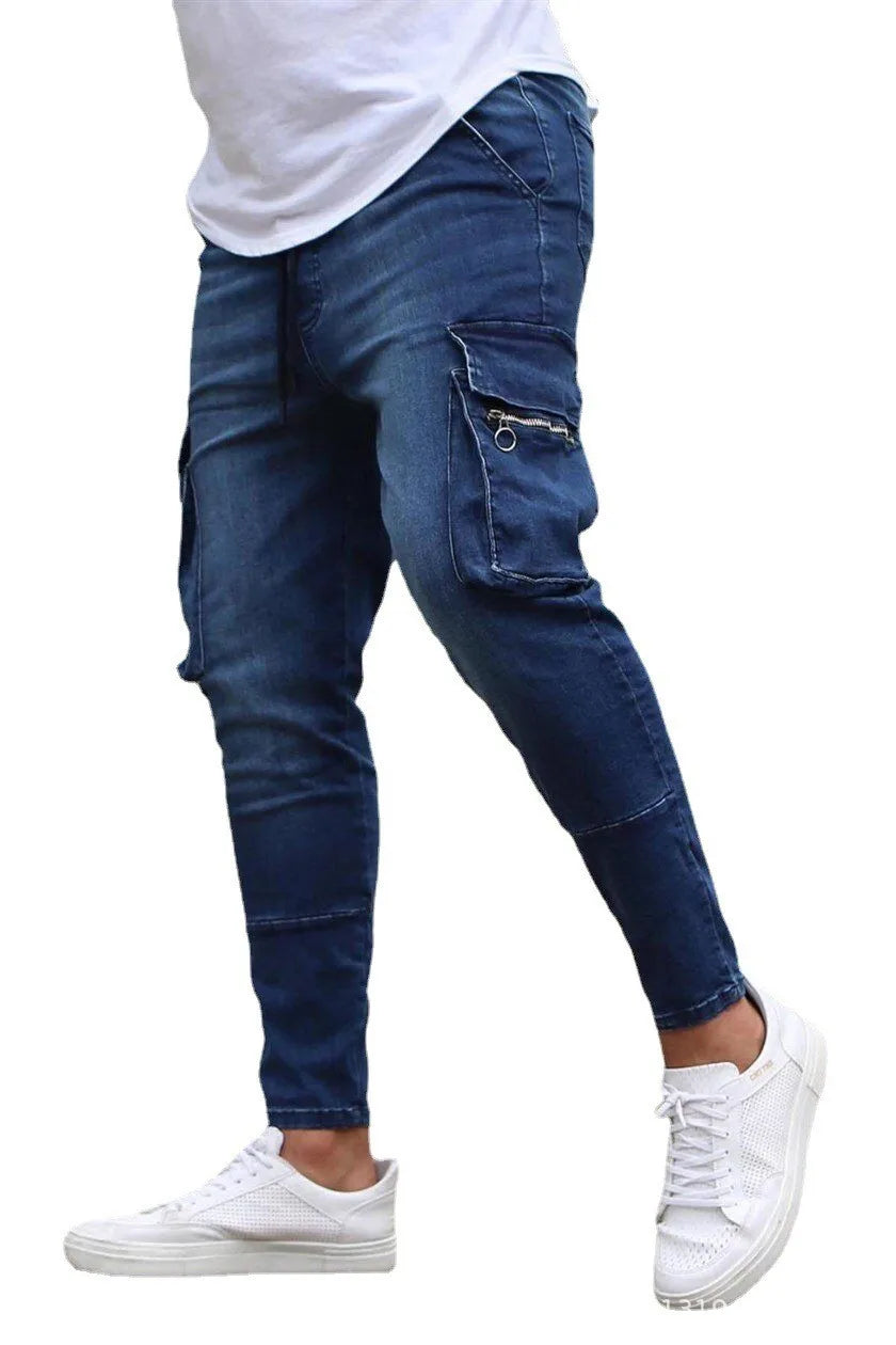 New Jeans Men Pants Wash Solid Color Multi Pockets Denim Mid Waist Cargo Jeans Plus Size Fahsion Casual Trousers Male Daily Wear