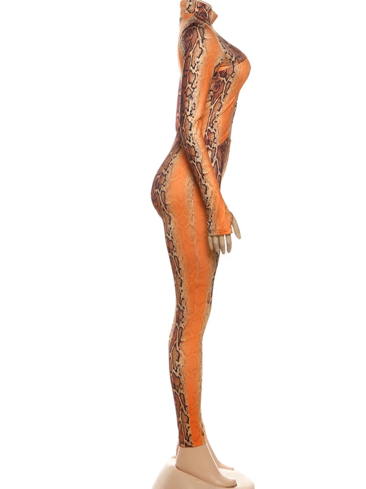 Kliou Sexy Hollow Jumpsuits Woman Serpentine Print o-Neck Full Sleeve Skinny Peach Hip Midnight Club Party Coquette Overalls