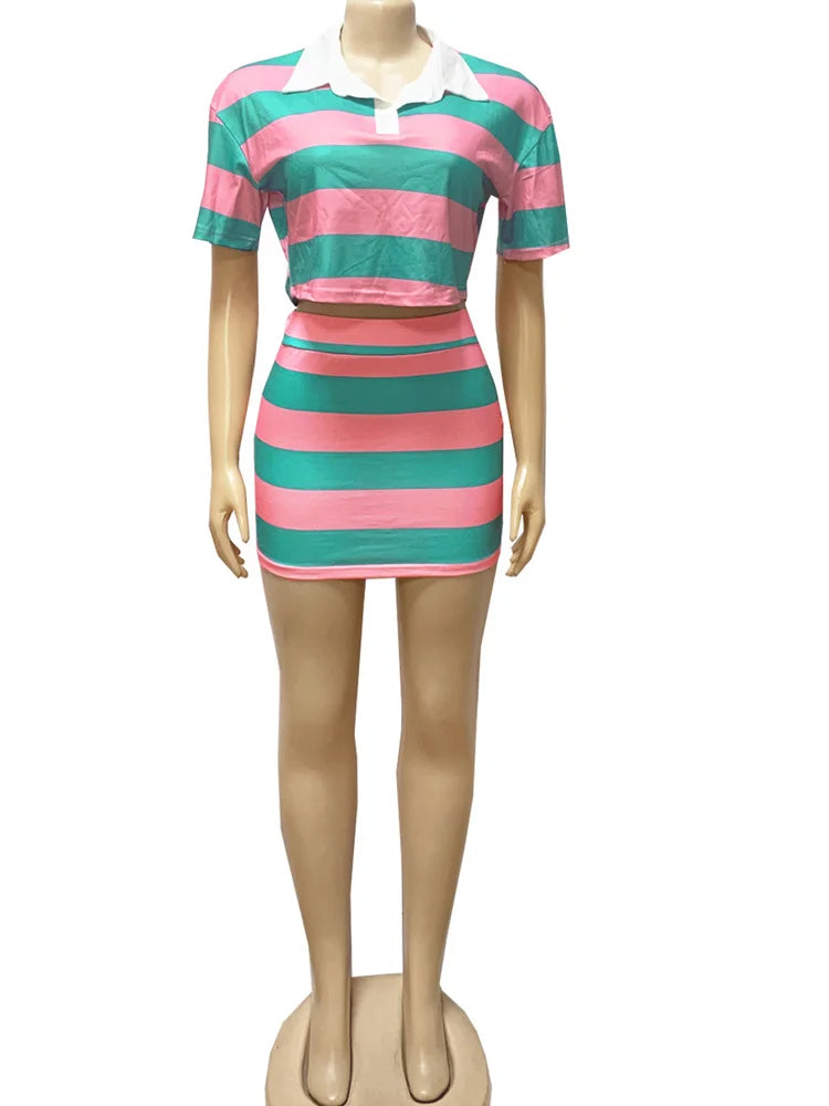 Beyprern Stylish Green Blue Striped Polo Skirt Set Two-Piece Dress For Women Short Sleeve Striped Tracksuits Set Night Clubwear