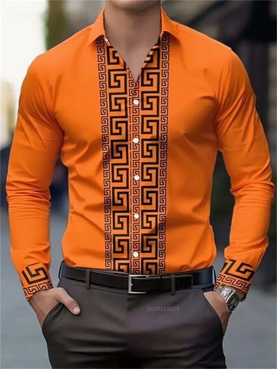 Men's long-sleeved shirt with pattern design, fashionable lapel button-down top, versatile, casual and comfortable men's top