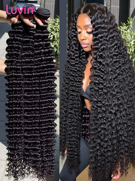 32 34 Inch Deep Wave Human Hair Bundles Brazilian Remy Unprocessed Weaving Curly Hair 1/3/4/5 Bundles Weave Extensions Deals