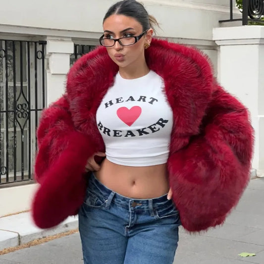 Tuularose Women Fur Coat Women 2025 Plush Red Bomber Jacket Solid Crop Long Sleeve Jacket Warm Winter Coats Female Casual Coats