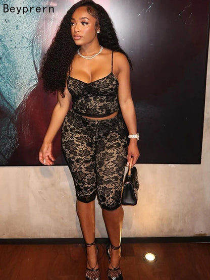 Beyprern Women Hollow Out Spaghetti Strap Lace Capri Set Two-Piece Outfits Night Out Club Overalls Rave Outfits