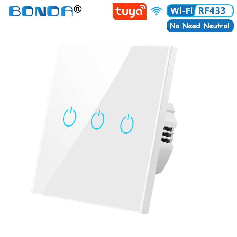 BONDA Smart Switch Alexa RF433 No Neutral Tuya Control Works With Google 1/2/3 Gang Smart Life Home Light WiFi Touch Switches 86