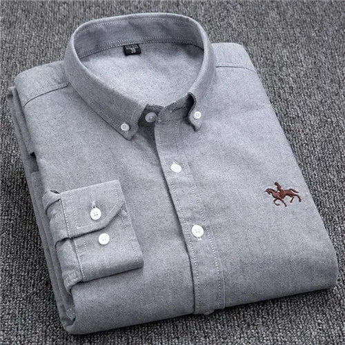 Casual Pure Cotton Oxford Mens Shirts Long Sleeve Embroidery Horse Design Regular Fit Fashion Button Man White Dress Shirt