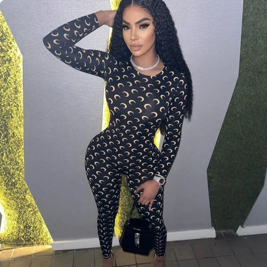 Womens Jumpsuit American Retro Slim Fit Sexy Moon Print Long Sleeve Round Neck Tight Fitting Leggings Versatile Autumn
