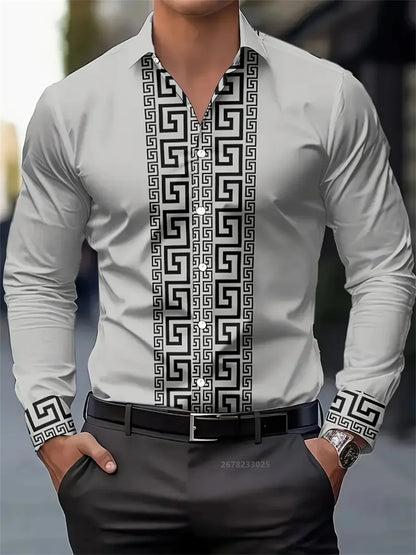 Men's long-sleeved shirt with pattern design, fashionable lapel button-down top, versatile, casual and comfortable men's top