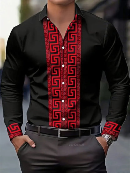 Men's long-sleeved shirt with pattern design, fashionable lapel button-down top, versatile, casual and comfortable men's top