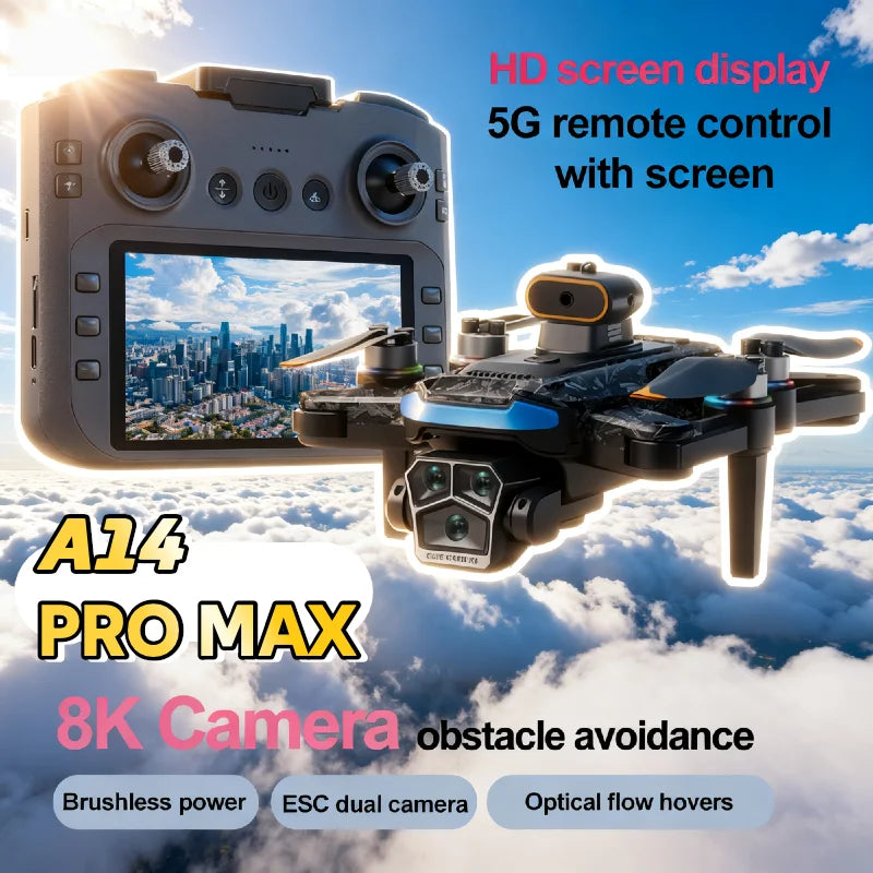 For Genuine A14 Pro Max GPS Brushless 8K Three Camera Obstacle Avoidance Foldable Quadcopter RC with screen Distance Drone Toys