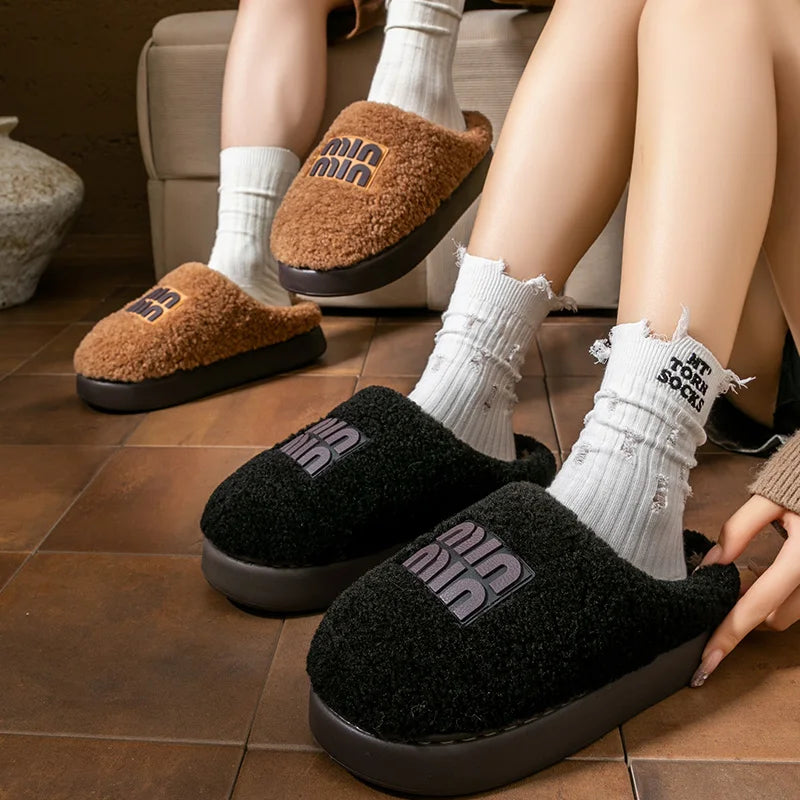 New plush cotton slippers for women, autumn and winter indoor thick sole with plush anti slip slippers, thickened cotton slipper
