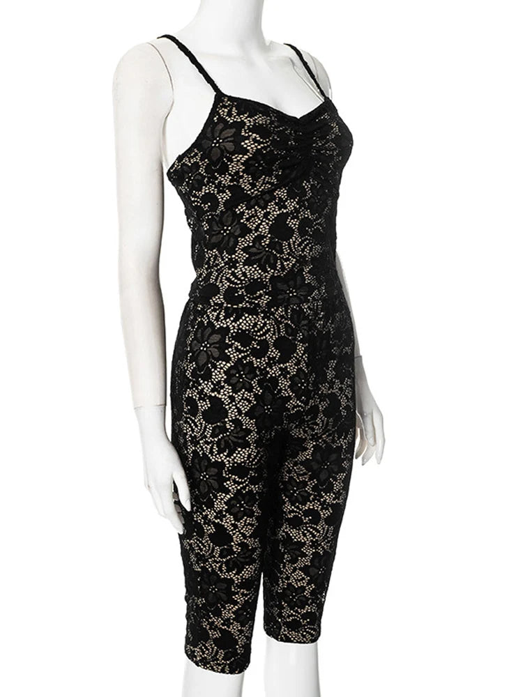 Beyprern Women Hollow Out Spaghetti Strap Lace Capri Set Two-Piece Outfits Night Out Club Overalls Rave Outfits