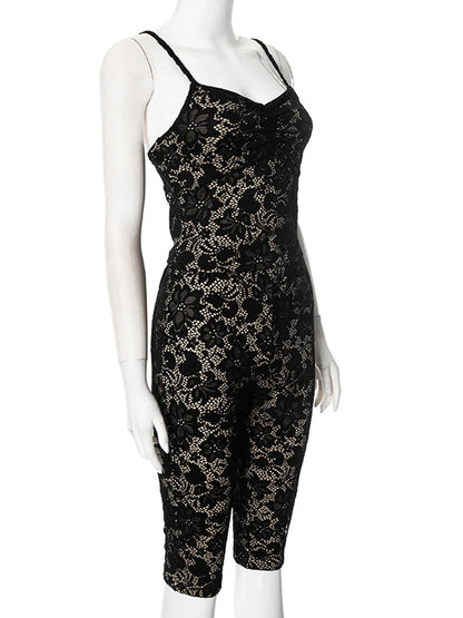 Beyprern Women Hollow Out Spaghetti Strap Lace Capri Set Two-Piece Outfits Night Out Club Overalls Rave Outfits
