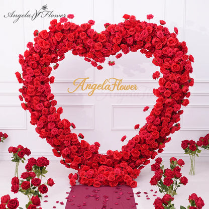 Luxury Red Rose Floral Arrangement Cloth Base Heart-Shaped Frame Arch Wedding Backdrop Decor Window Display Props A8869