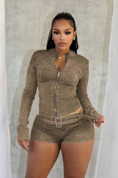 Sexy Denim Womens 2 Two Piece Set Stretchy Long Sleeve Zip Up Slim Jackets and Shorts Suits Y2k Streetwear Belt Jean Outfit Sets