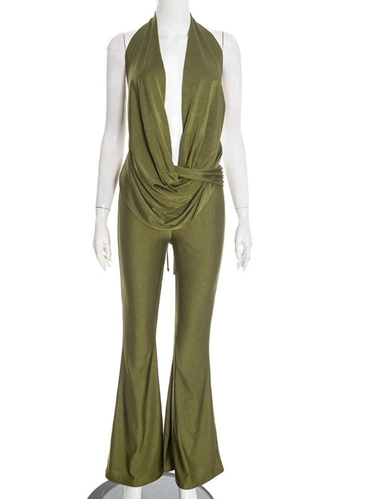 Beyprern Elegant Deep V Neck Halter Jumpsuit Women Sexy Backless Drape Bodycon Rompers Flare Pants Clubwear One Piece Outfits