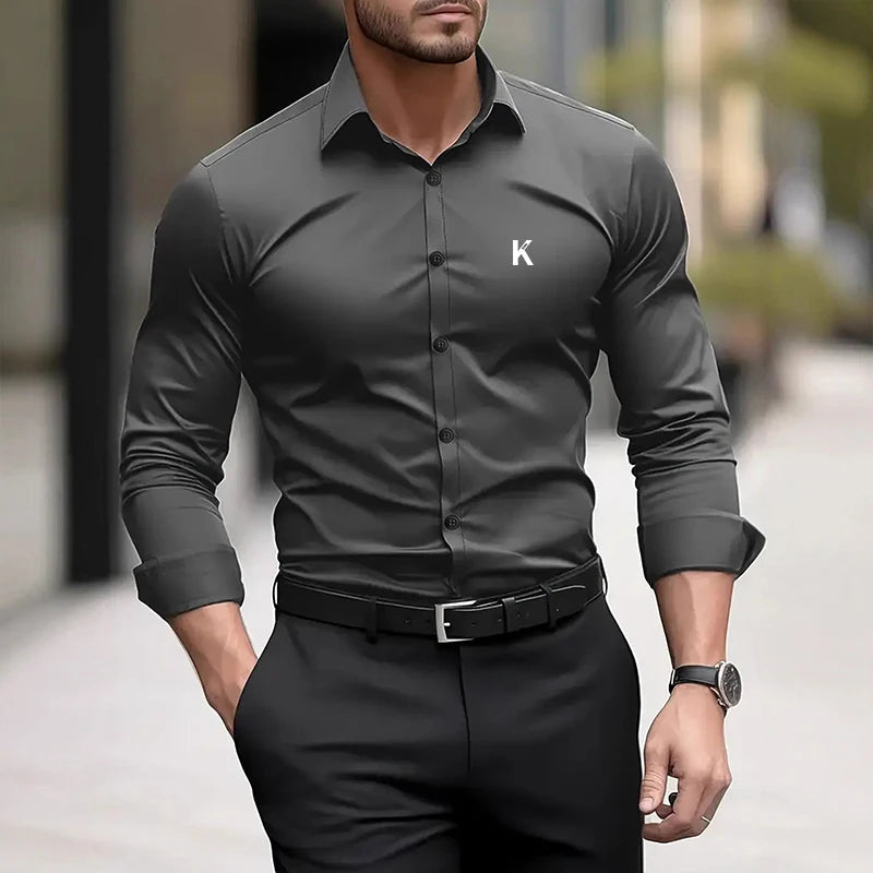 Men's Casual Long Sleeved Solid Color Loose Shirt in Autumn and Winter Slightly Elastic Can Be Worn on the Inside or Outside