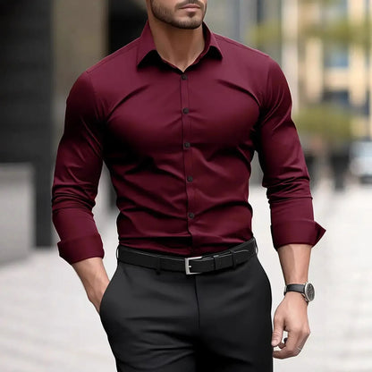 Men's Casual Long Sleeved Solid Color Loose Shirt in Autumn and Winter Slightly Elastic Can Be Worn on the Inside or Outside