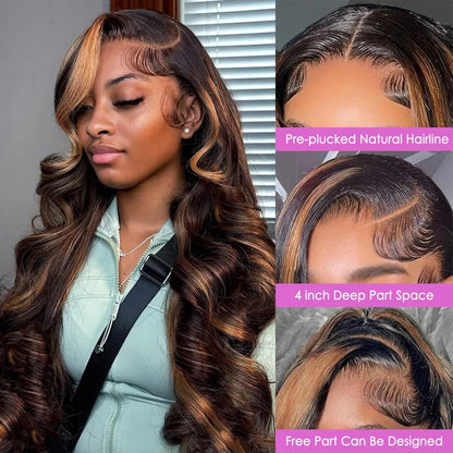 Highlight Ombre Lace Front Wigs Human Hair Body Wave Lace Front Pre Plucked 13x6 1B/30 Brown Highlight Wig 220 Density For Women