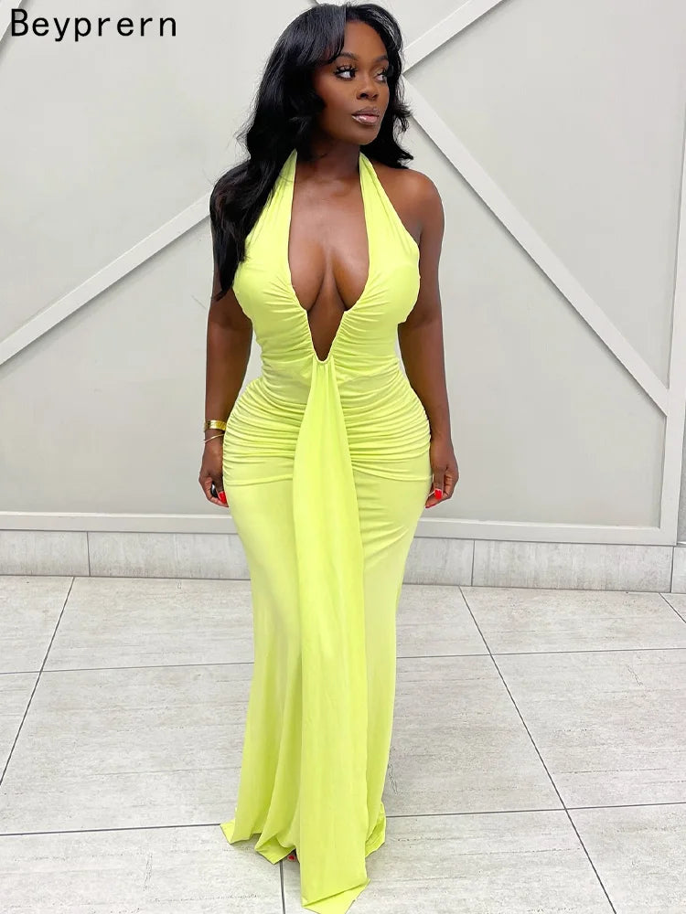 Beyprern Gorgeous Womens Halter Plunging V Neck Ruched Long Straps Maxi Dress Holiday Outfits Sexy Backless Pleated Party Dress