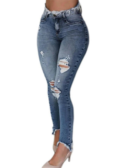 Women's high waisted fringed ripped jeans with irregular edges, slim fit and tight fitting style, fashionable and casual style