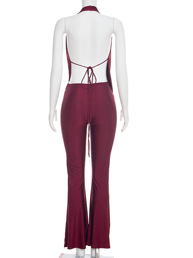 Beyprern Elegant Deep V Neck Halter Jumpsuit Women Sexy Backless Drape Bodycon Rompers Flare Pants Clubwear One Piece Outfits