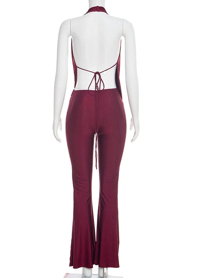 Beyprern Elegant Deep V Neck Halter Jumpsuit Women Sexy Backless Drape Bodycon Rompers Flare Pants Clubwear One Piece Outfits